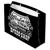 パーソナライズされたレーシングホットロッドスピードショップガレージ ラージペーパーバッグ (裏面アングル)
