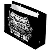 パーソナライズされたレーシングホットロッドスピードショップガレージ ラージペーパーバッグ (正面アングル)