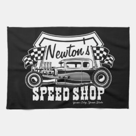 パーソナライズされたレーシング ホットロッド スピード ショップ ガレージ キッチンタオル