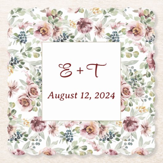 パーソナライズされたロマンチックな花柄パステル紙コースター ペーパーコースター (正面)