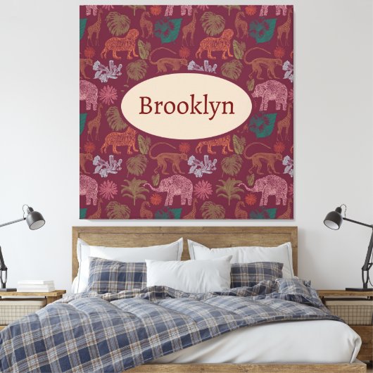 パーソナライズされたヴィンテージジャングルサファリピンク キャンバスプリント (インサイチュ (寝室))