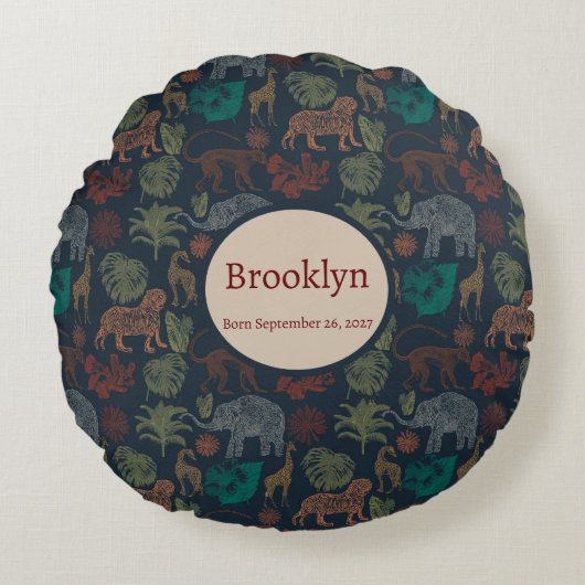 パーソナライズされたヴィンテージジャングルサファリ ラウンドクッション (正面)