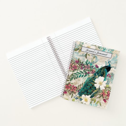 パーソナライズされたヴィンテージティール（緑がかった色）ピーコックとピンクフローラ ノートブック (内部)
