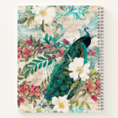 パーソナライズされたヴィンテージティール(緑がかった色)ピーコックとピンクフローラ ノートブック (裏面)