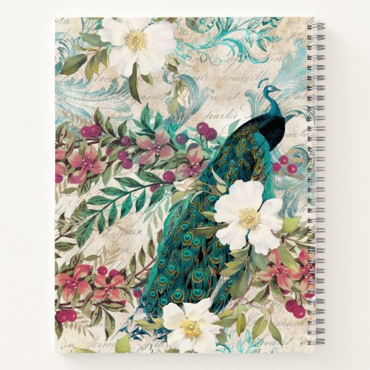 パーソナライズされたヴィンテージティール（緑がかった色）ピーコックとピンクフローラ ノートブック (裏面)