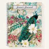 パーソナライズされたヴィンテージティール（緑がかった色）ピーコックとピンクフローラ ノートブック (正面)