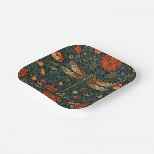 パーソナライズされたヴィンテージトンボのオレンジ色のフローラ ペーパープレート (傾斜あり)