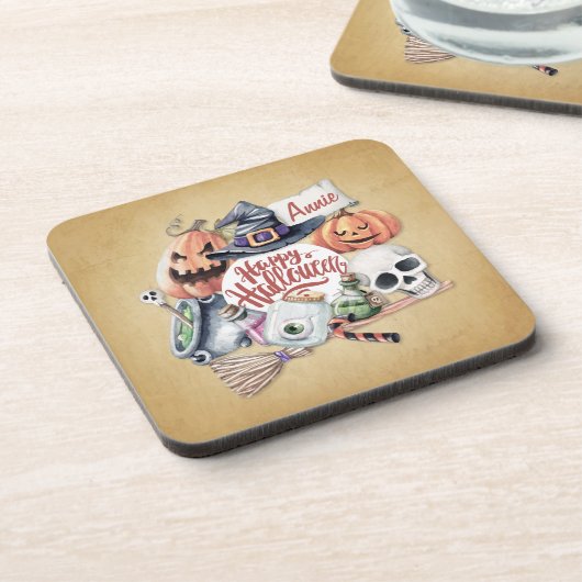パーソナライズされたヴィンテージハッピーハローウィン | コースター (左側)