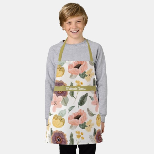 パーソナライズされたヴィンテージフローラ開花紫と黄 エプロン (着用した状態)