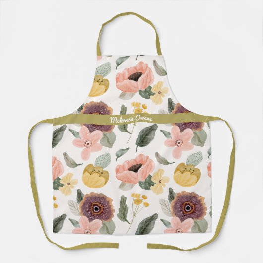 パーソナライズされたヴィンテージフローラ開花紫と黄 エプロン (正面)