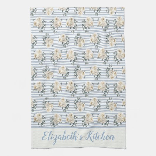 パーソナライズされたヴィンテージブルー白ストライプフローラ キッチンタオル (縦)