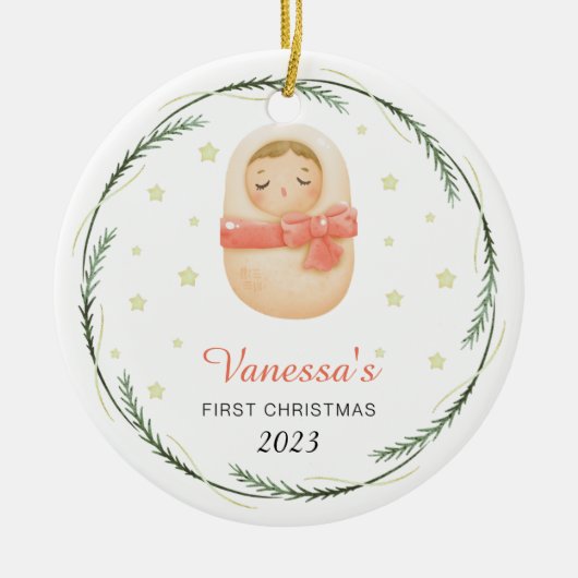 パーソナライズされたヴィンテージベビーの初めてのクリスマス セラミックオーナメント (正面)