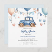 パーソナライズされたヴィンテージホイールベビーシャワー招待状 セーブザデート (正面/裏面)