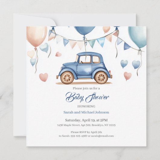 パーソナライズされたヴィンテージホイールベビーシャワー招待状 セーブザデート (正面)