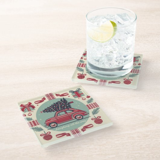 パーソナライズされたヴィンテージホリデーレトロクリスマスカー ガラスコースター (アングル)