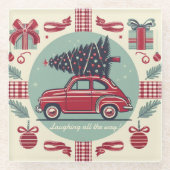 パーソナライズされたヴィンテージホリデーレトロクリスマスカー ガラスコースター (正面)