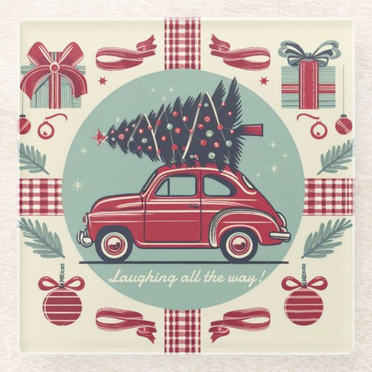 パーソナライズされたヴィンテージホリデーレトロクリスマスカー ガラスコースター (正面)