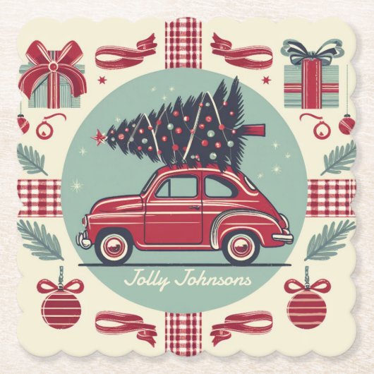 パーソナライズされたヴィンテージホリデーレトロクリスマスカー ペーパーコースター (正面)