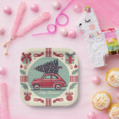 パーソナライズされたヴィンテージホリデーレトロクリスマスカー ペーパープレート (パーティー)