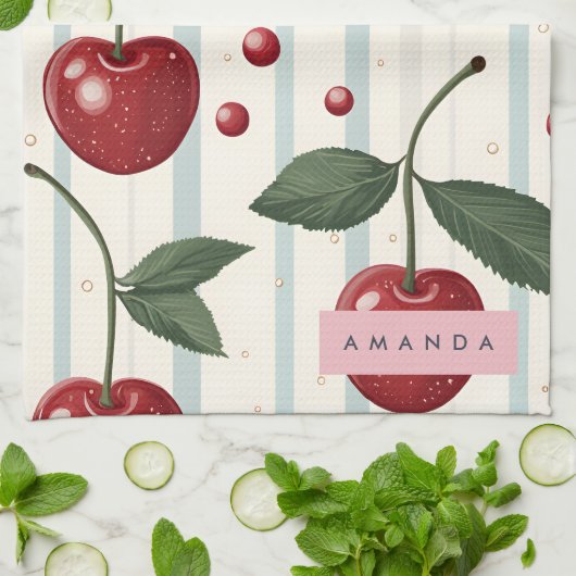 パーソナライズされたヴィンテージレトロ赤さくらんぼパターン キッチンタオル (折り畳み)