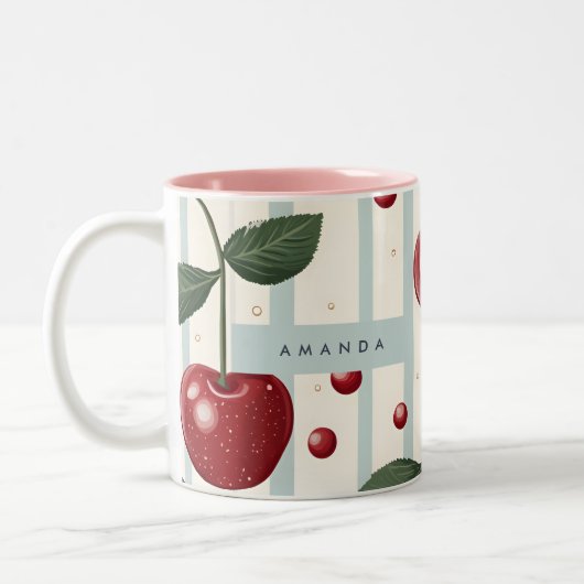 パーソナライズされたヴィンテージレトロ赤さくらんぼパターン ツートーンマグカップ (左)