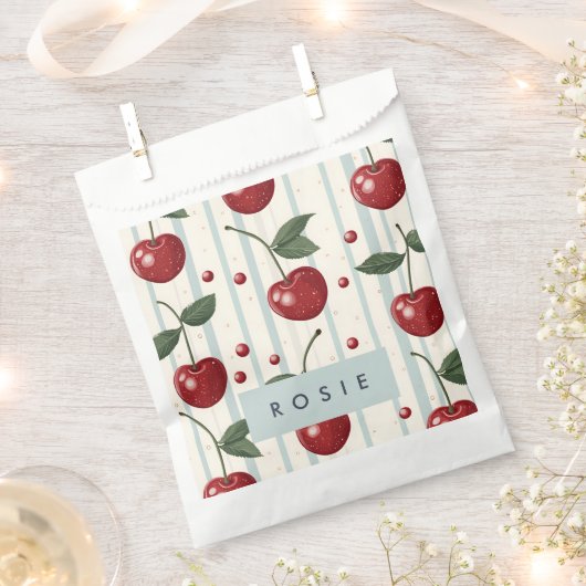 パーソナライズされたヴィンテージレトロ赤さくらんぼパターン フェイバーバッグ (クリップ留めされた状態)