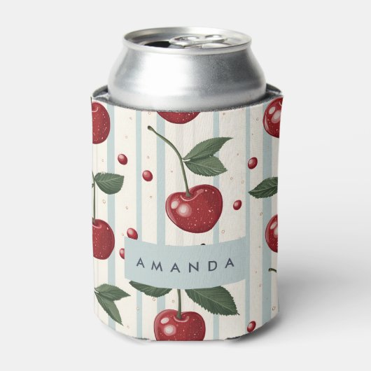 パーソナライズされたヴィンテージレトロ赤さくらんぼパターン 缶クーラー (缶正面)
