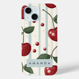 パーソナライズされたヴィンテージレトロ赤さくらんぼパターン iPhone 15ケース