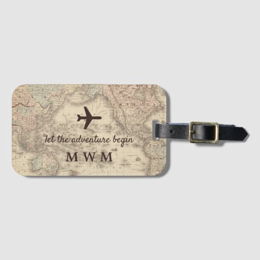 パーソナライズされたヴィンテージ世界地図 ラゲッジタグ (正面横)