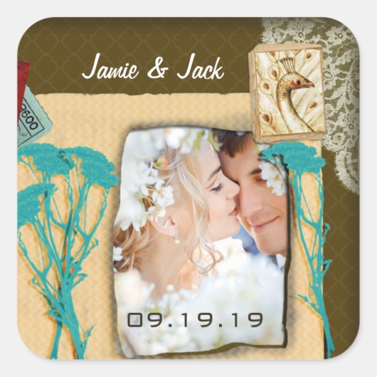 パーソナライズされたヴィンテージ写真のコラージュ スクエアシール (正面)