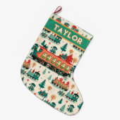 パーソナライズされたヴィンテージ列車 ラージクリスマスストッキング (正面 (吊り時))