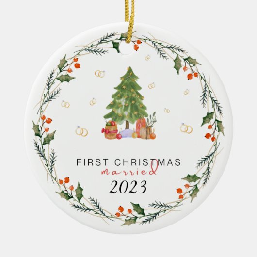 パーソナライズされたヴィンテージ初めてのクリスマス結婚した セラミックオーナメント (正面)