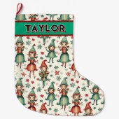 パーソナライズされたヴィンテージ小妖精や小人 ラージクリスマスストッキング (正面)