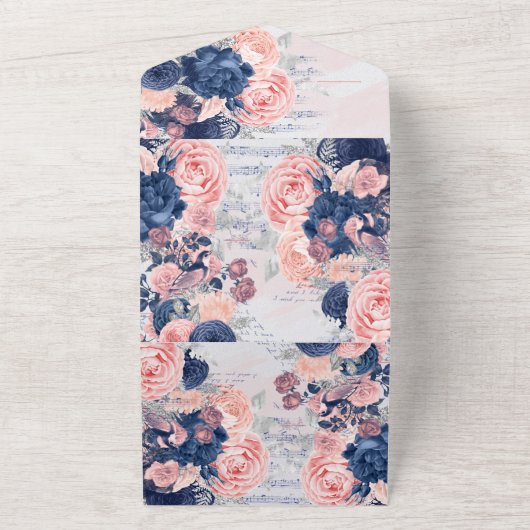 パーソナライズされたヴィンテージ海軍と赤面 オールインワン招待状 (外側)