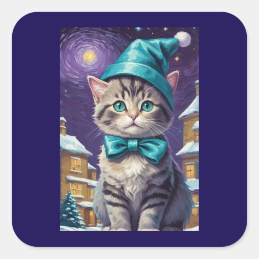 パーソナライズされたヴィンテージ猫クリスマス スクエアシール (正面)