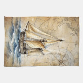 パーソナライズされたヴィンテージ航海の出荷とアンティークマップ キッチンタオル (横)