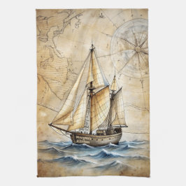 パーソナライズされたヴィンテージ航海の出荷とアンティークマップ キッチンタオル