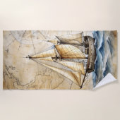 パーソナライズされたヴィンテージ航海の出荷とアンティークマップ ビーチタオル (正面)