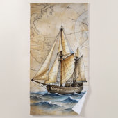 パーソナライズされたヴィンテージ航海の出荷とアンティークマップ ビーチタオル (正面)