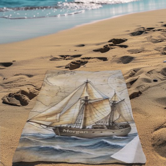 パーソナライズされたヴィンテージ航海の出荷とアンティークマップ ビーチタオル