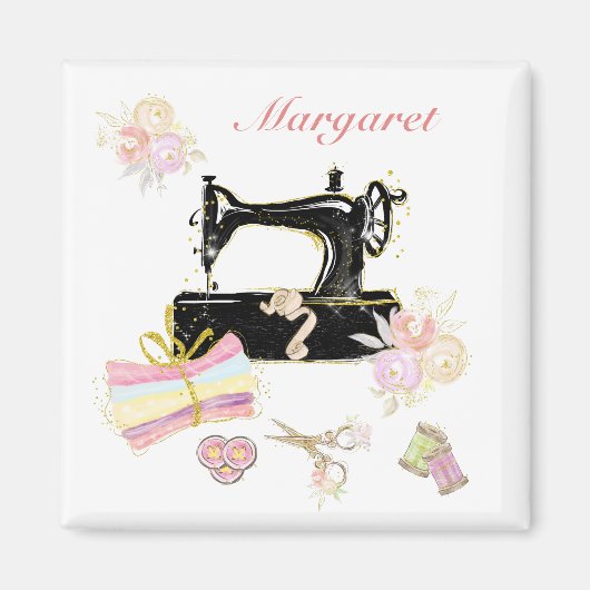 パーソナライズされたヴィンテージ裁縫機及び布帛 マグネット (正面)