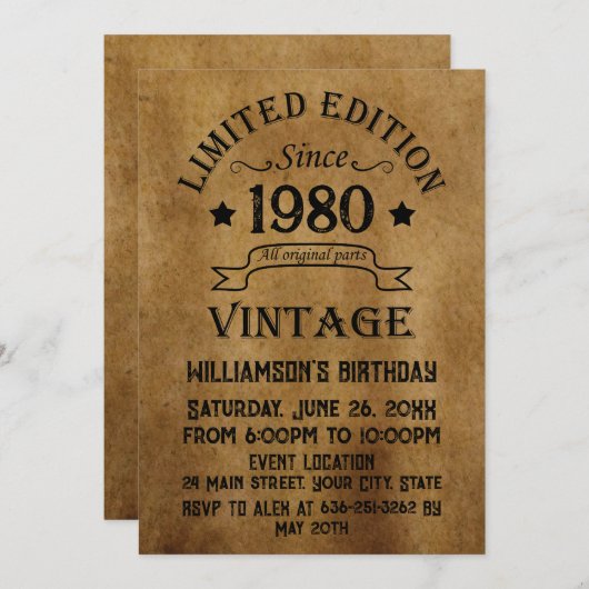 パーソナライズされたヴィンテージ誕生会 招待状 (正面/裏面)