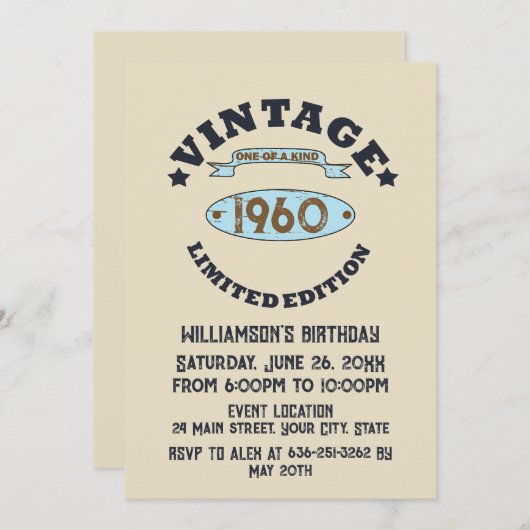 パーソナライズされたヴィンテージ誕生会 招待状 (正面/裏面)