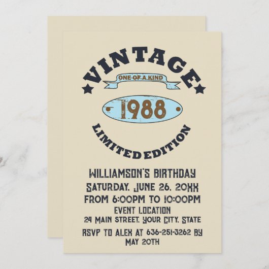 パーソナライズされたヴィンテージ誕生会 招待状 (正面/裏面)