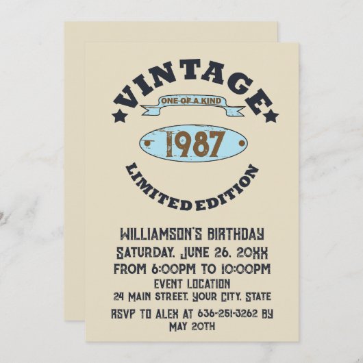 パーソナライズされたヴィンテージ誕生会 招待状 (正面/裏面)