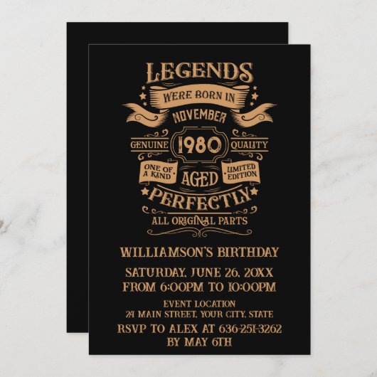 パーソナライズされたヴィンテージ誕生日ウイスキーパーティー 招待状 (正面/裏面)