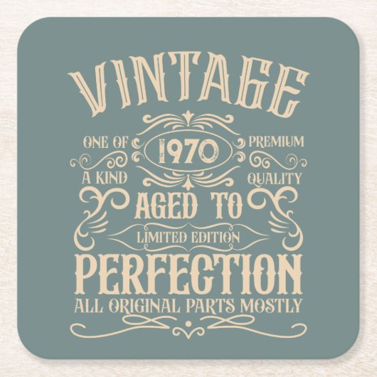 パーソナライズされたヴィンテージ誕生日パーティーウイスキーレーベル スクエアペーパーコースター (正面)
