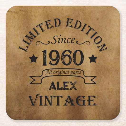 パーソナライズされたヴィンテージ誕生日プレゼント スクエアペーパーコースター (正面)