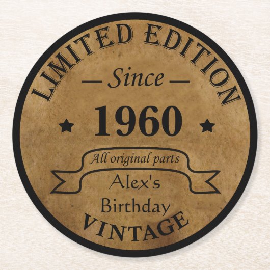 パーソナライズされたヴィンテージ誕生日プレゼント ラウンドペーパーコースター (正面)