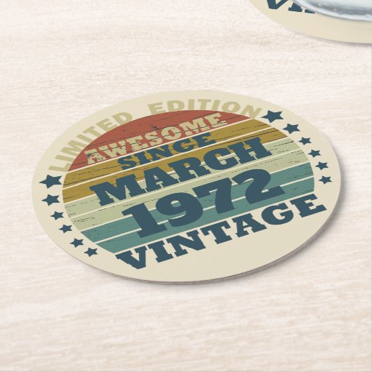 パーソナライズされたヴィンテージ誕生日プレゼント ラウンドペーパーコースター (アングル)